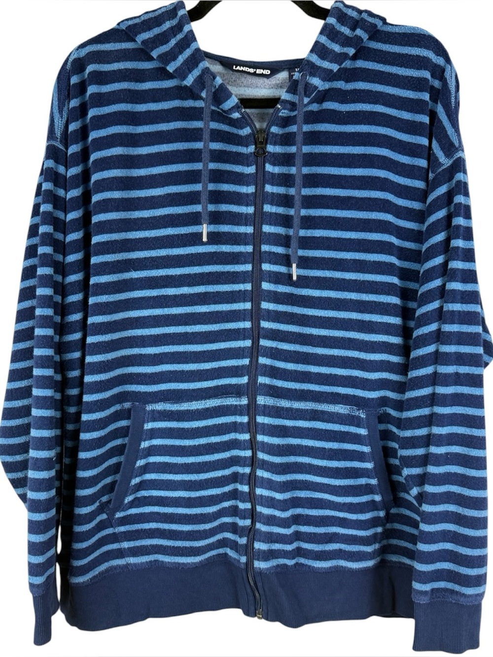 Lands' End French Terry Striped Full Zip Hoodie Size 1X (16W-18W) Deep Sea Blue 